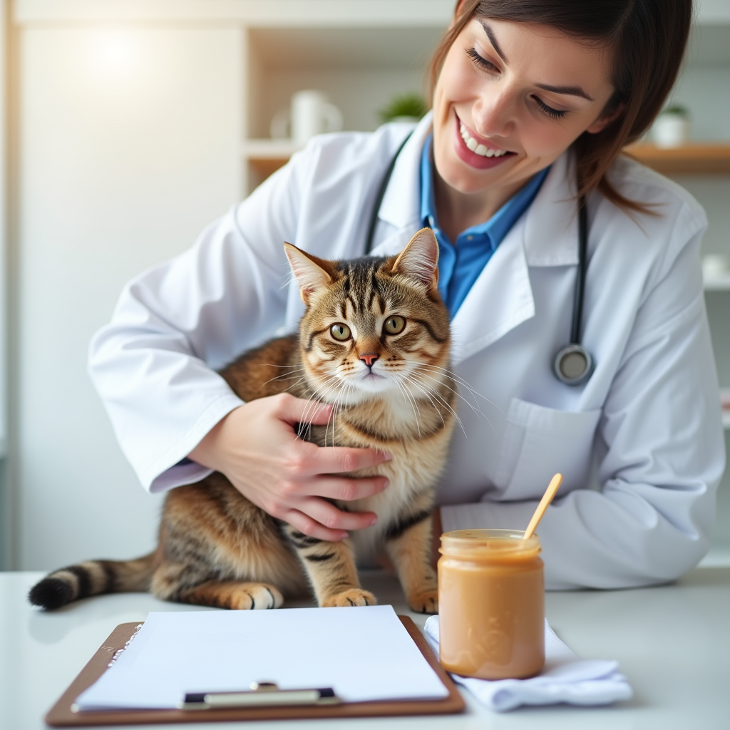 A veterinarian examining a cat with a jar of peanut butter nearby.