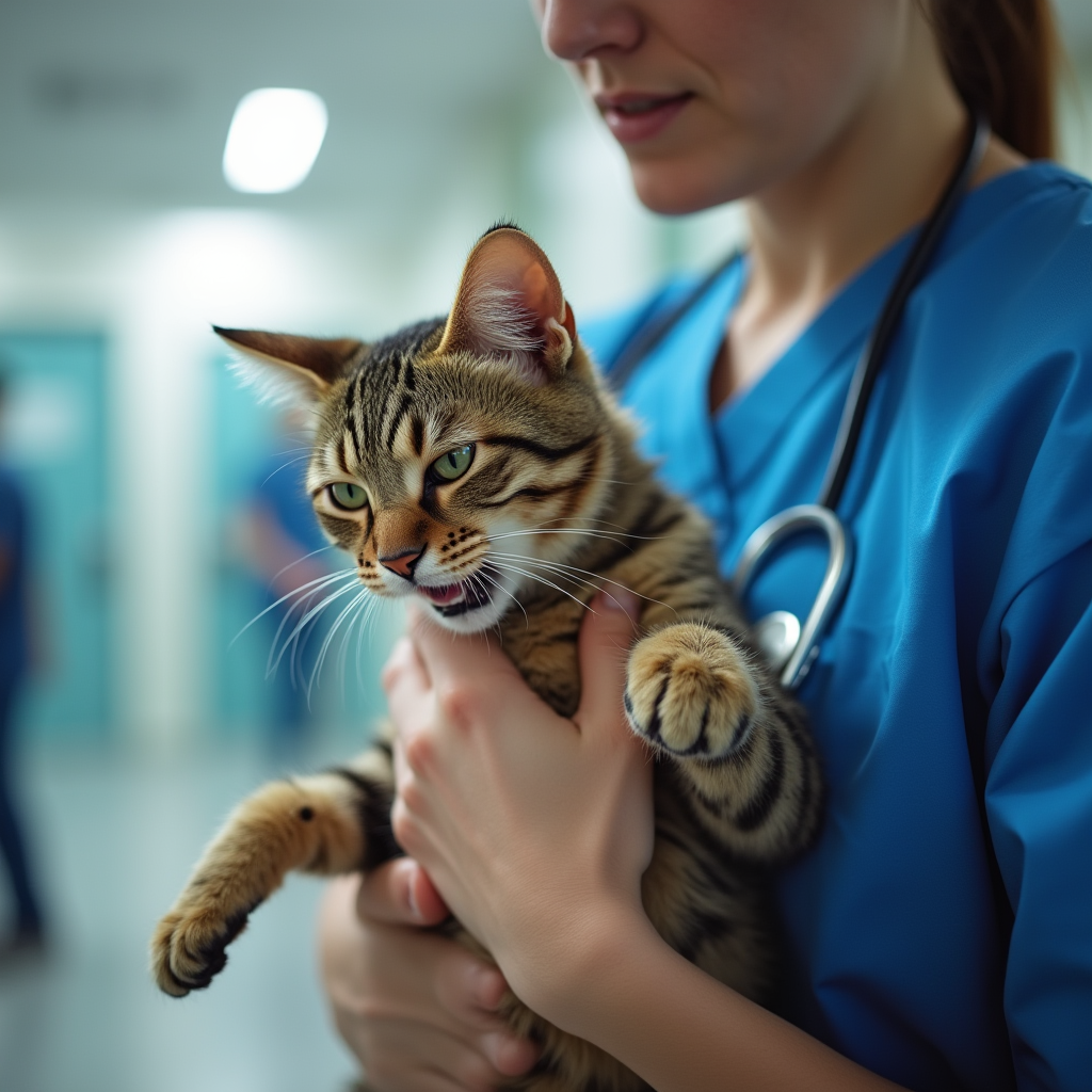 A worried pet owner holding a sick cat outside a veterinary clinic, highlighting urgent care