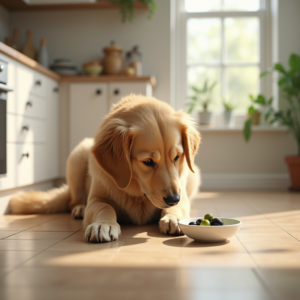 Curious dog looking at a bowl of green and black olives on a kitchen floor.