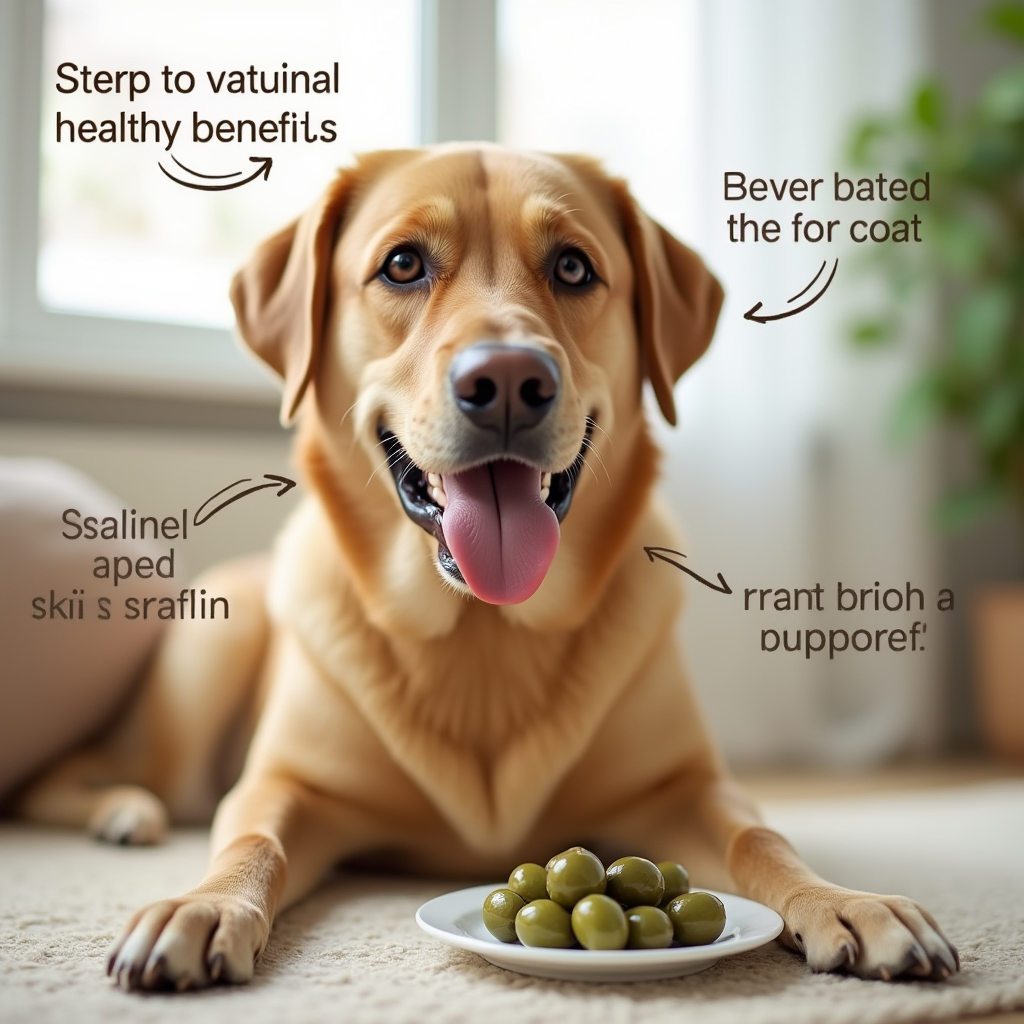 Happy dog with a shiny coat sitting next to a plate of olives.