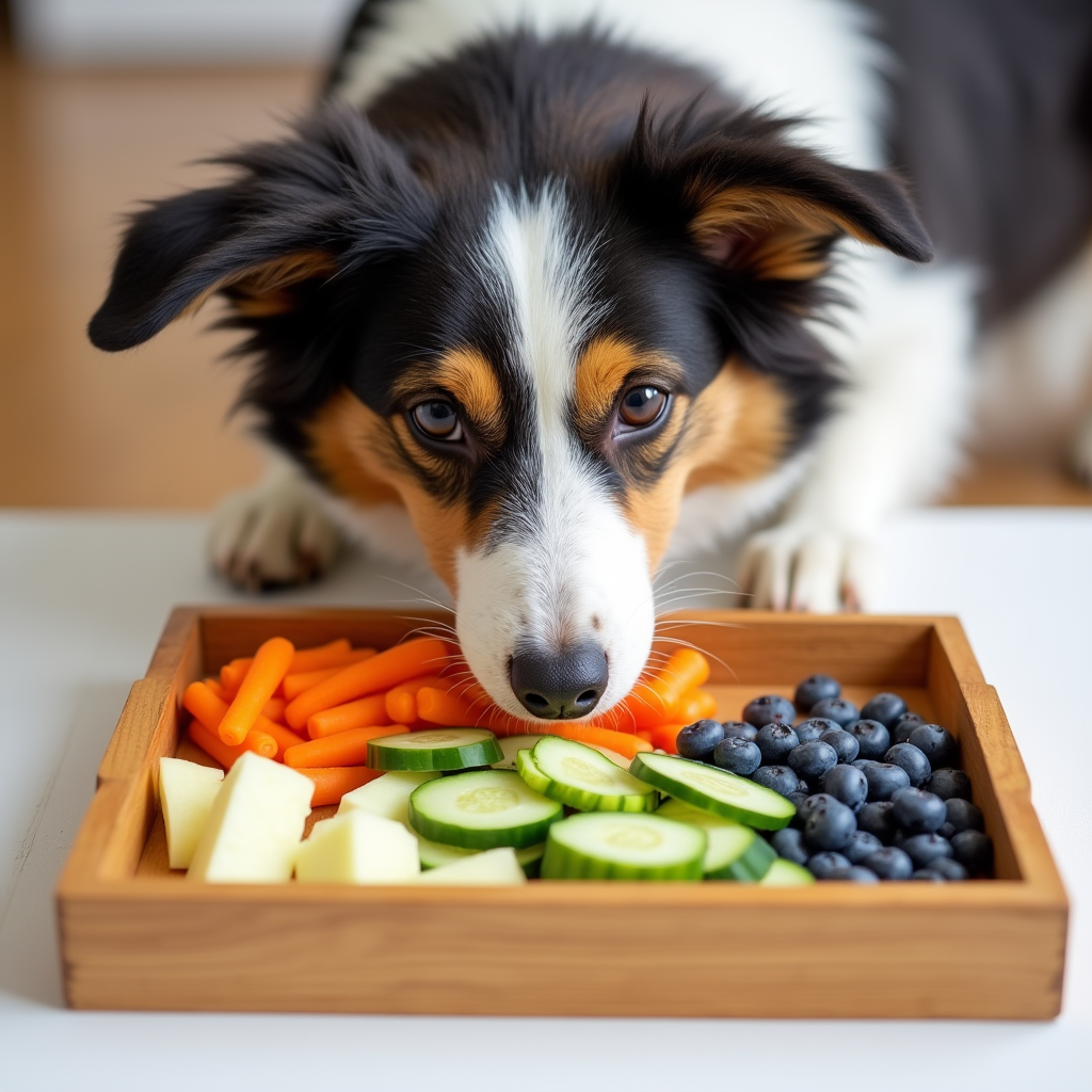 A tray of dog-friendly snacks like carrots, apples, cucumbers, and blueberries