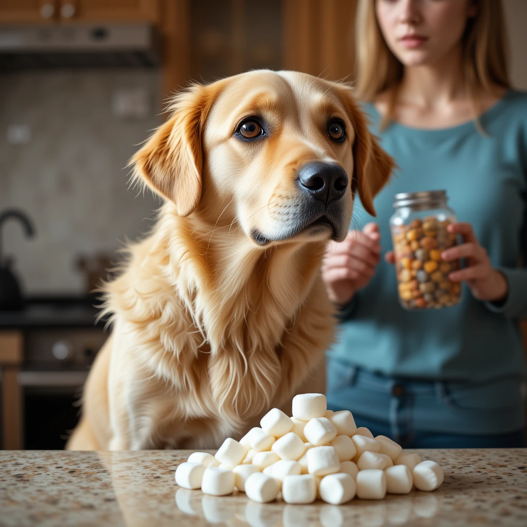 A curious dog sitting next to a pile of marshmallows on a kitchen counter.