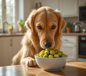 Golden retriever sniffing a bowl of cooked brussel sprouts in a kitchen