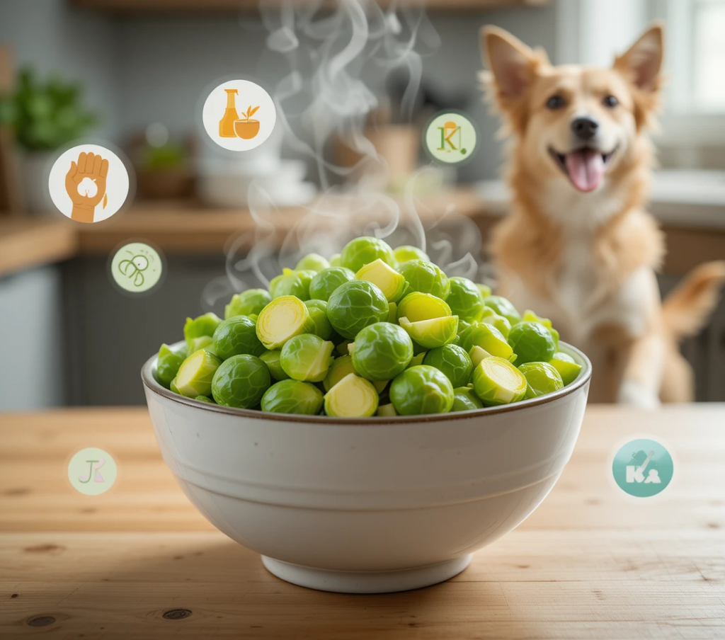 Steamed brussel sprouts with nutrient icons and a happy dog in the background