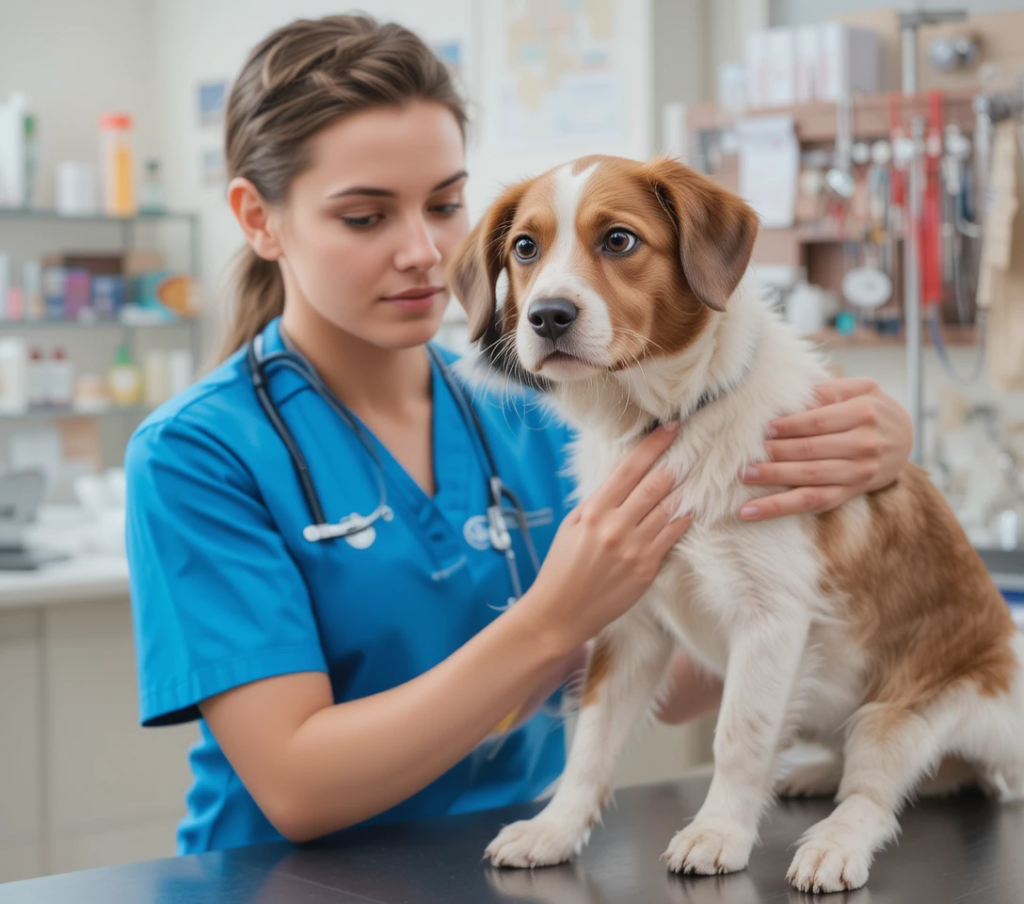 A veterinarian examining a dog with a “no” symbol over brussel sprouts