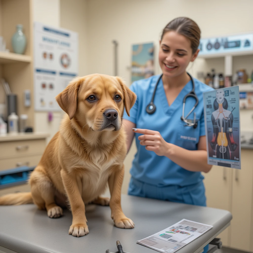 A veterinarian examining a dog while explaining the dangers of marshmallows