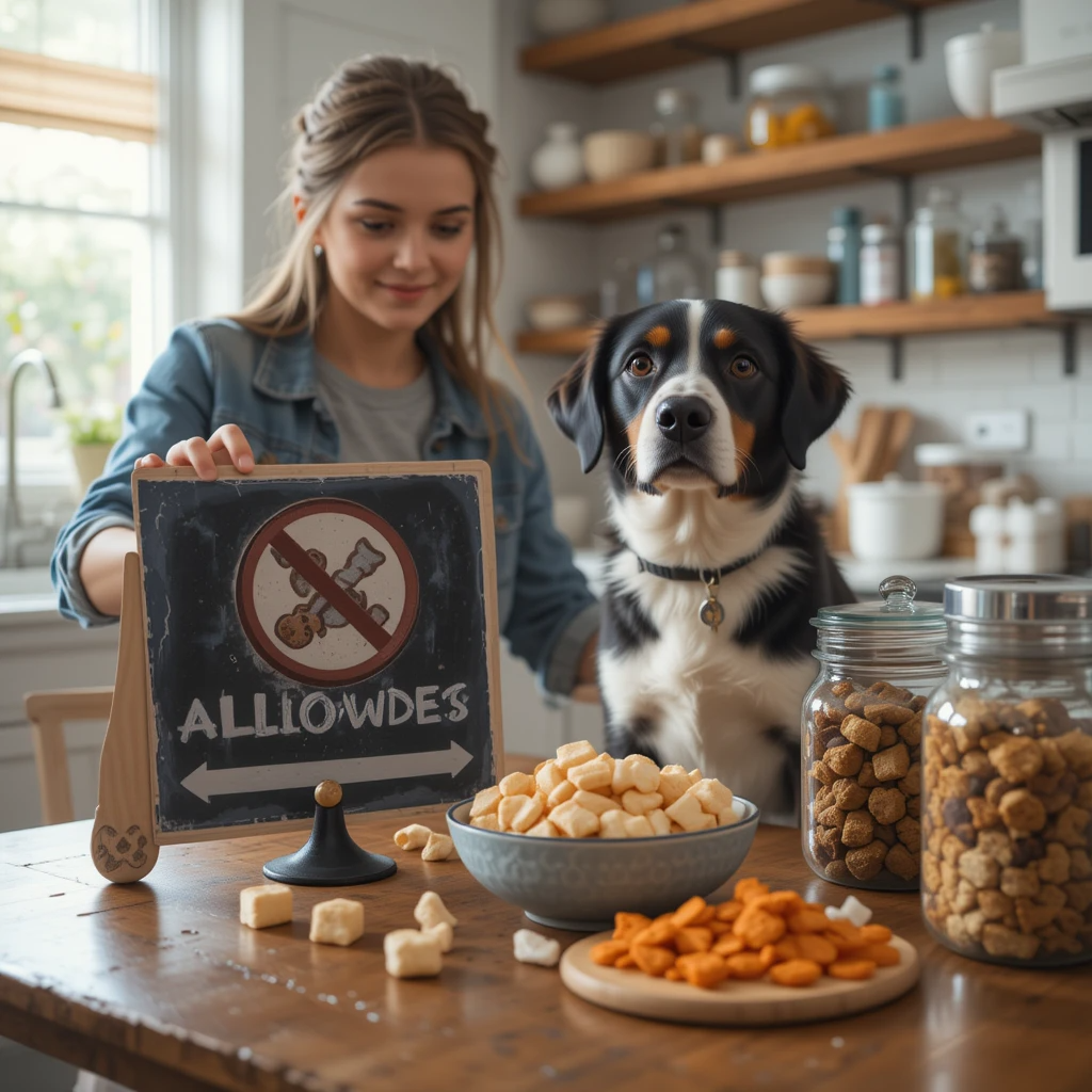 A dog owner keeping harmful human snacks away from their dog