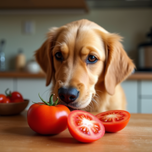 Golden Retriever sniffing a ripe tomato on a kitchen counter.