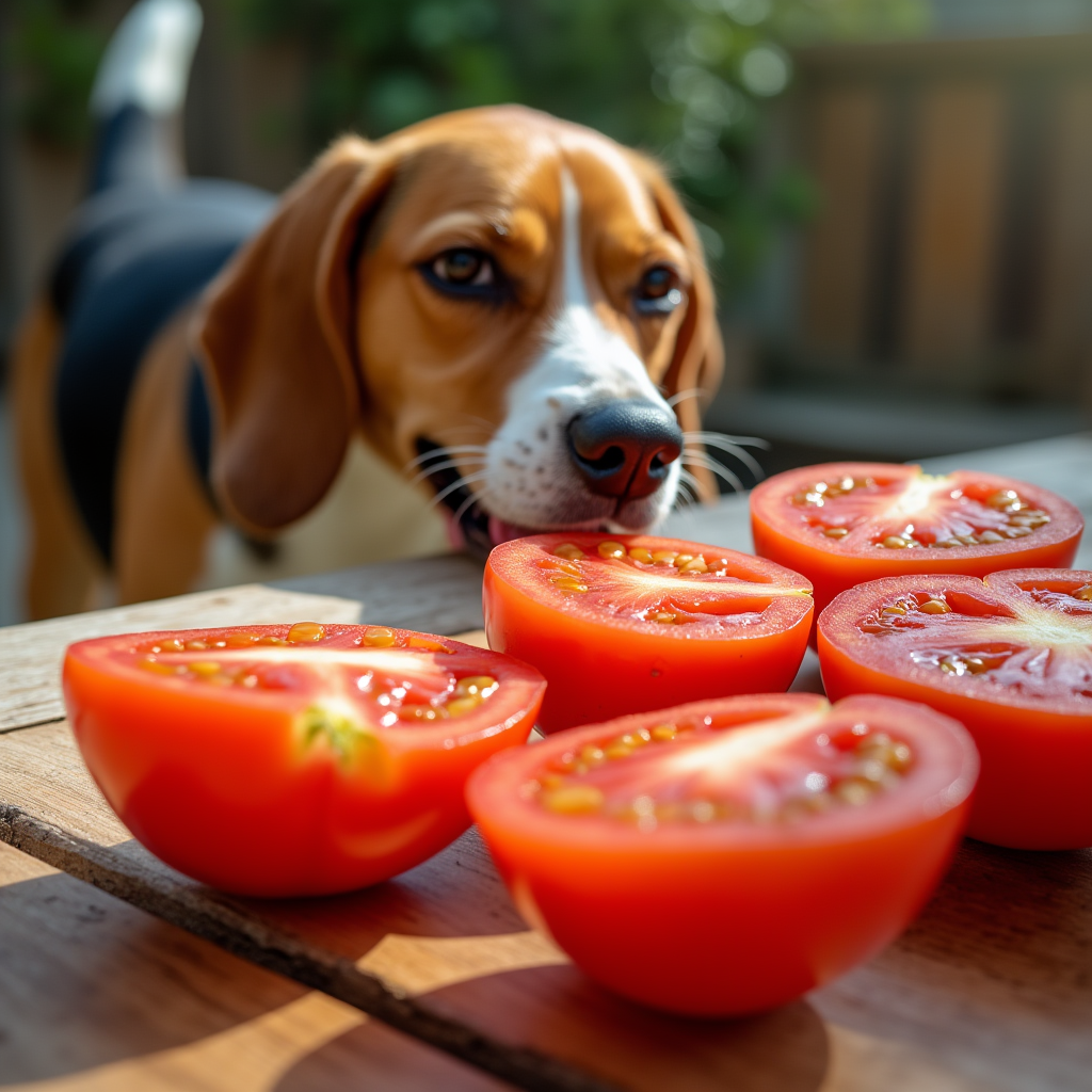 Sliced ripe tomatoes with a Beagle eyeing them on a wooden table.