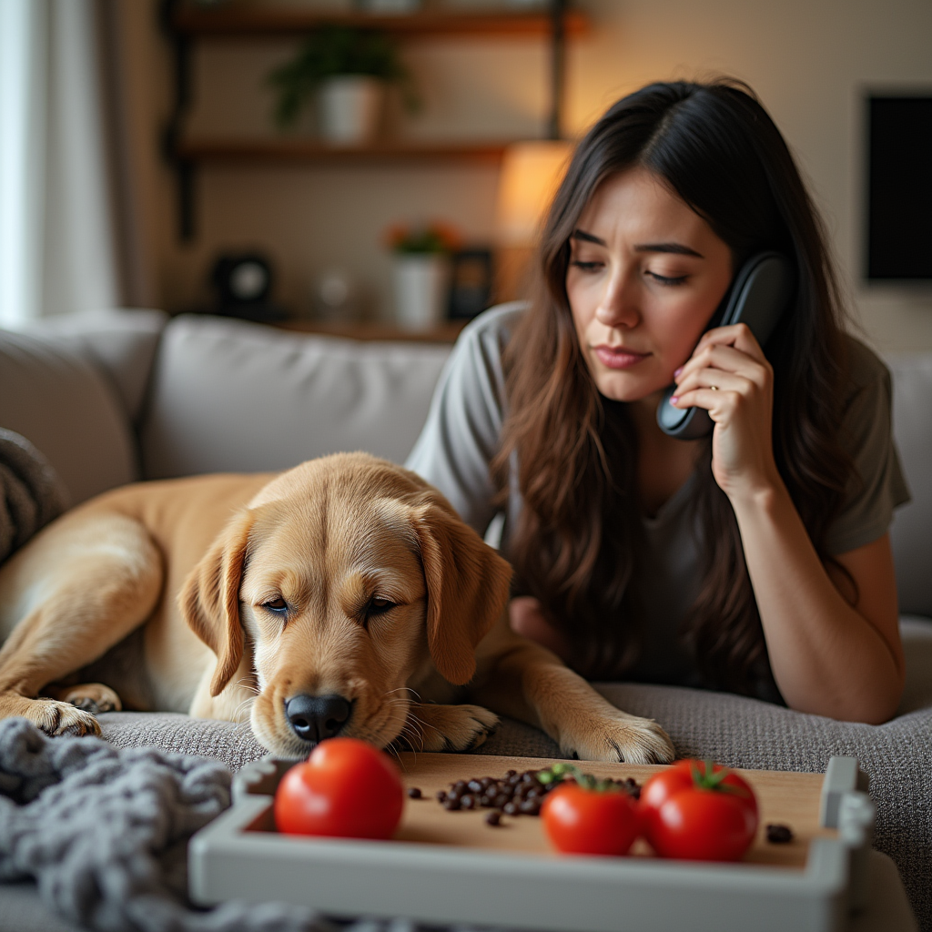 Pet owner talking to vet while dog looks lethargic on the couch.