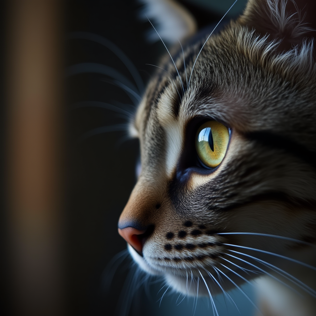 Close-up of a cat’s eyes reflecting blue and yellow hues, illustrating feline vision