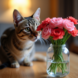 Cat sniffing a bouquet of pink and red carnations on a living room table