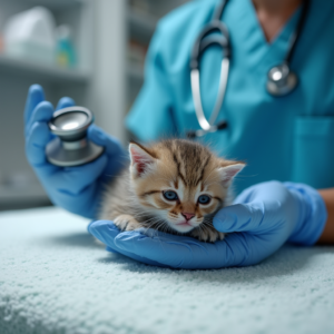 Sick kitten being examined by a veterinarian in a clinical setting