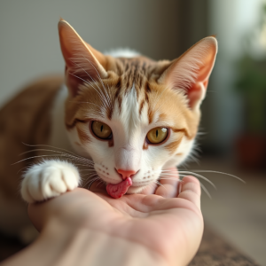 A domestic cat licking a person's hand as a sign of affection