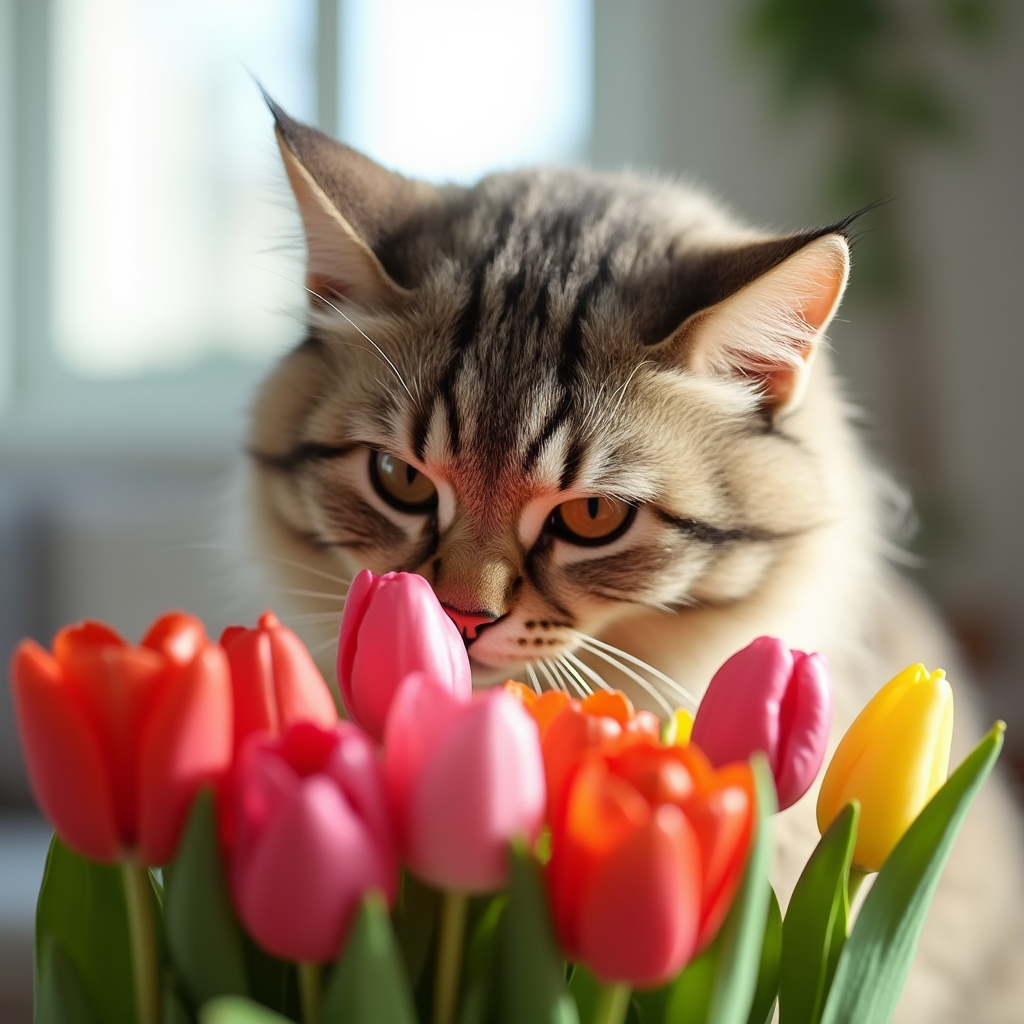 A curious domestic cat sniffing a bouquet of colorful tulips in a sunlit living room