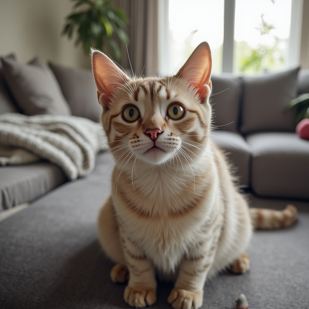 A curious domestic cat staring attentively in a cozy living room.