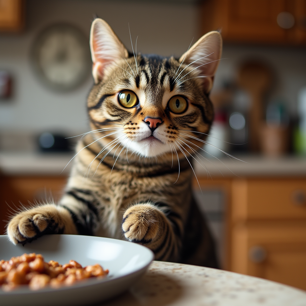 A tabby cat staring near an empty food bowl, seeking attention