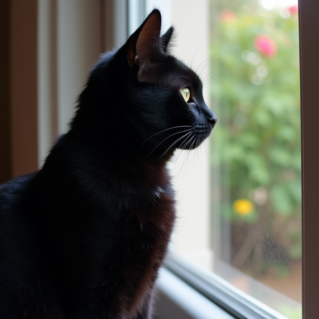 A black cat watching outside from a window, guarding its territory