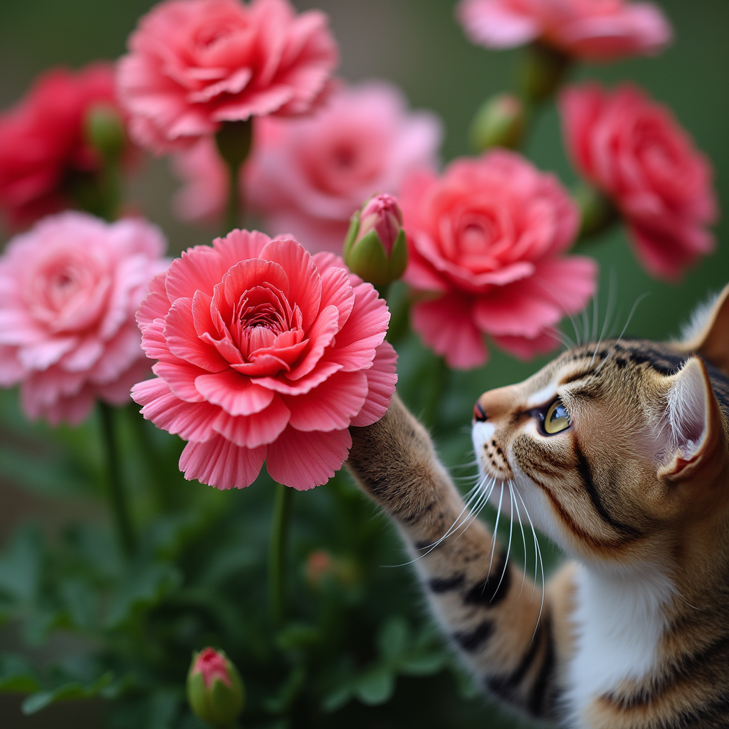 Close-up of pink and red carnations with a cat’s paw reaching for them