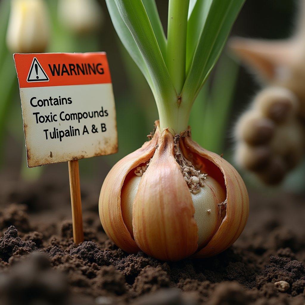 Close-up of a tulip bulb with a toxicity warning label and a cat’s paw nearby