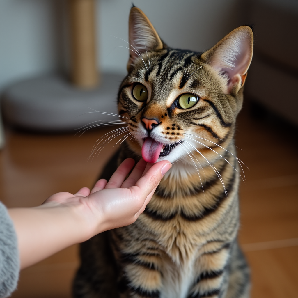 A tabby cat licking its owner's hand to mark its territory