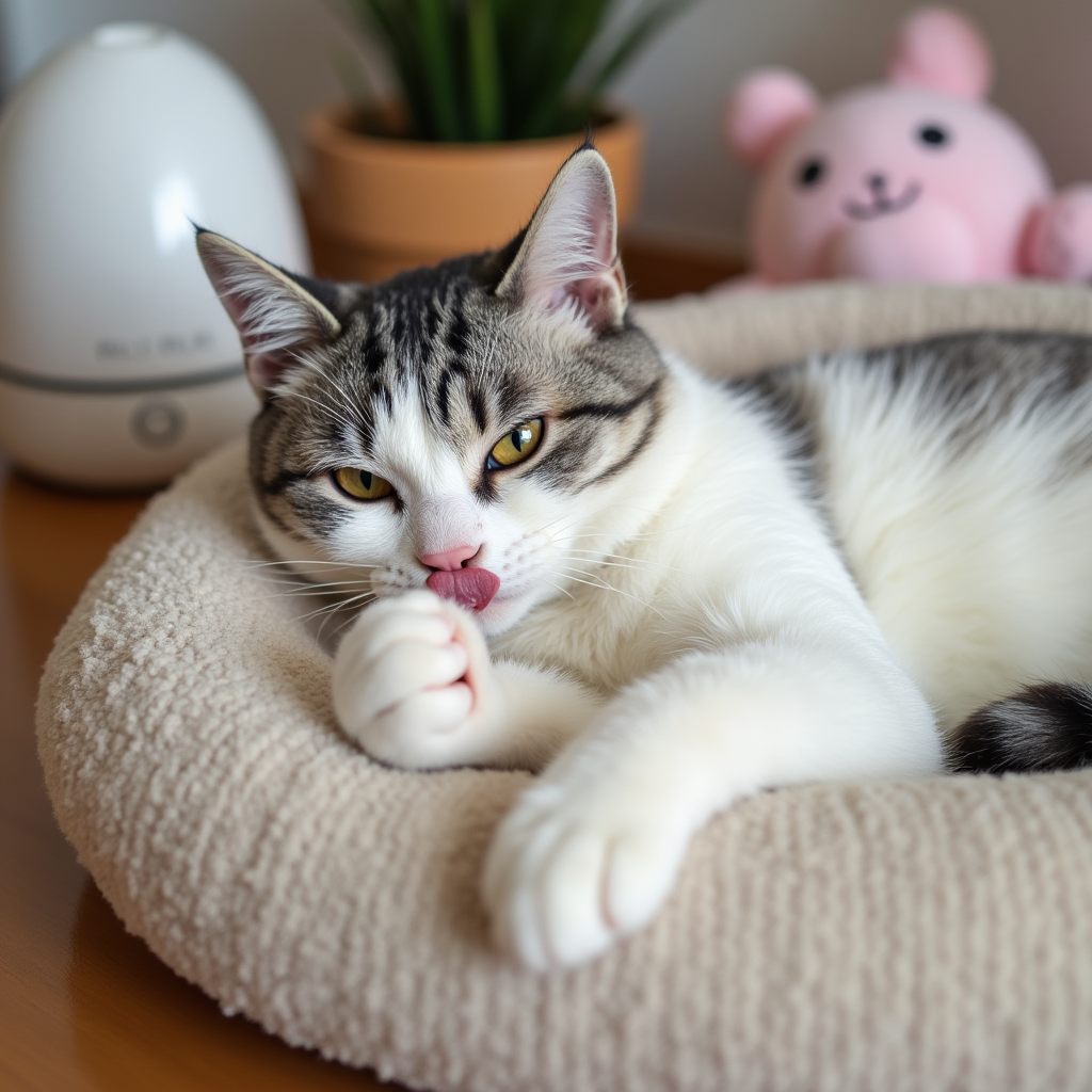 A white and gray cat licking its owner’s hand to relieve stress