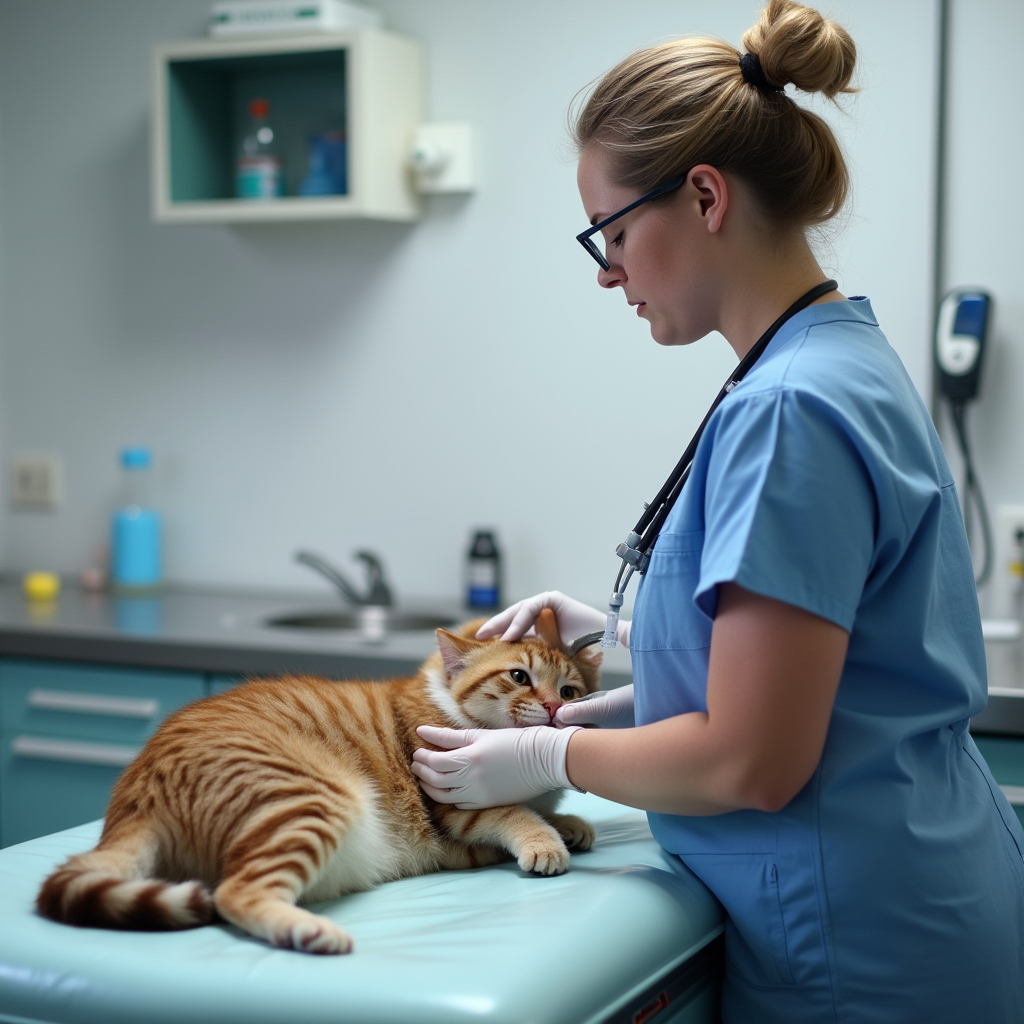 A veterinarian treating a cat for tulip poisoning with IV fluids