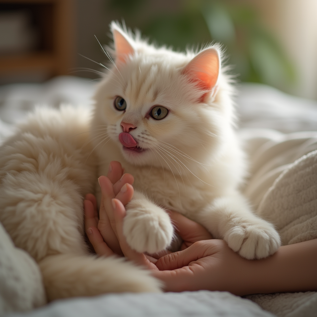 An adult cat licking its owner while mimicking kitten behavior