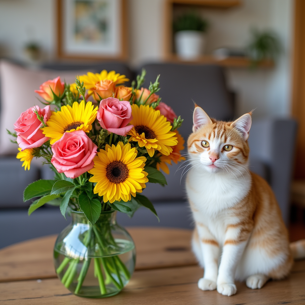 Cat sitting near a vase of pet-safe flowers like roses and sunflowers