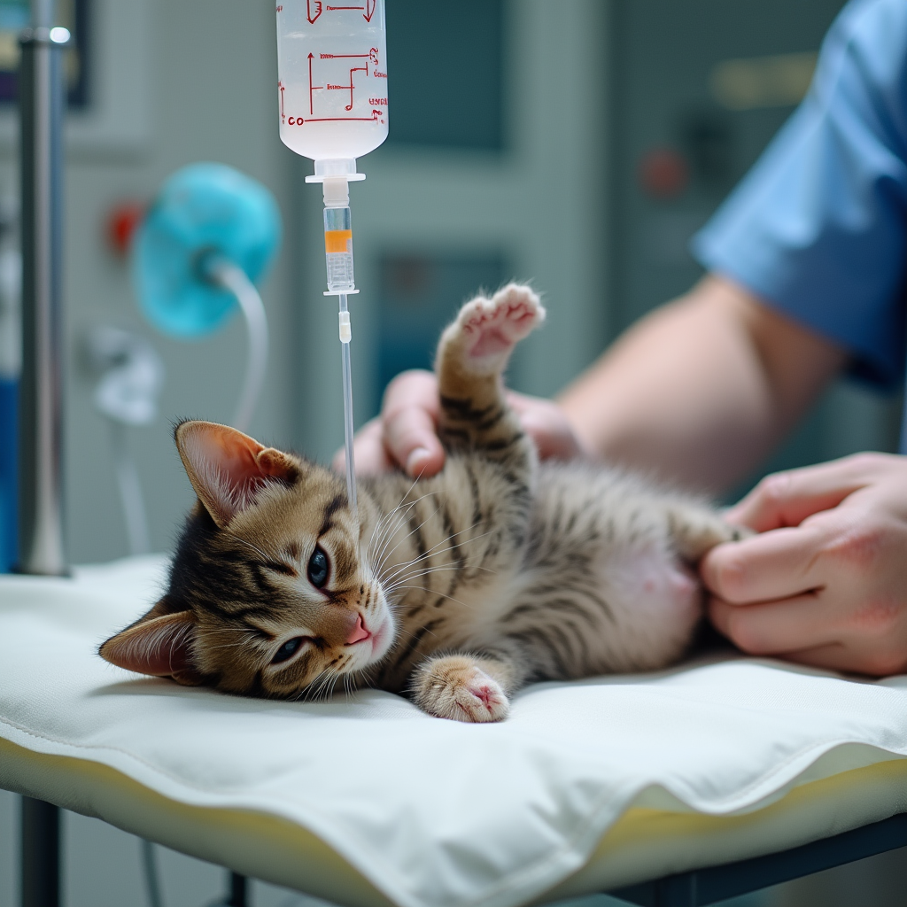 A kitten receiving IV fluids at a veterinary clinic for complications from feline parvovirus