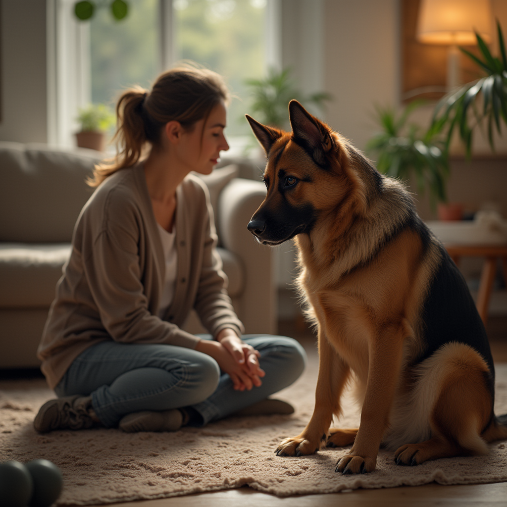 A concerned pet owner observing their dog displaying autism-like behaviors, such as fixating on a toy in a cozy living room setting