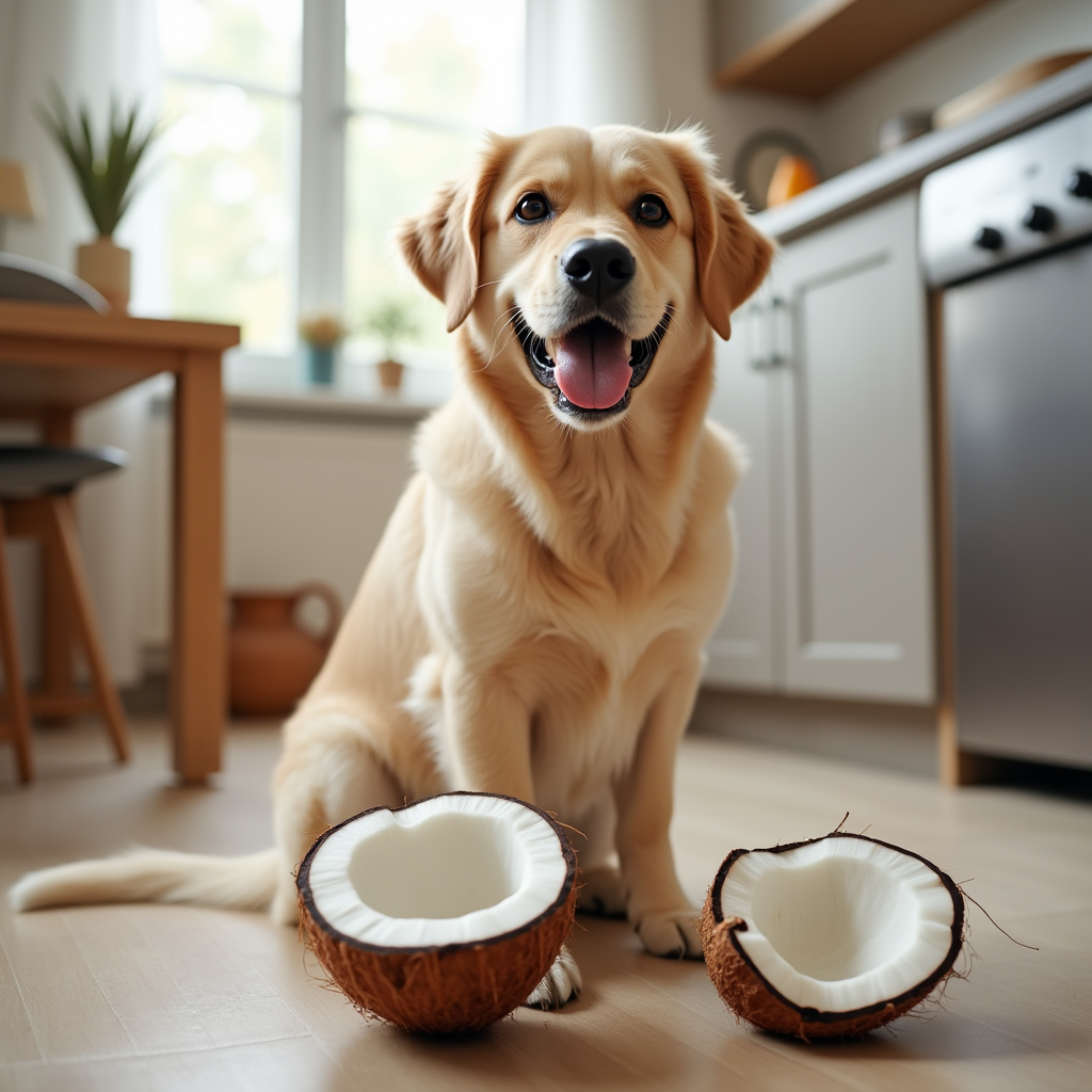 Happy dog sitting next to a fresh coconut on a kitchen floor