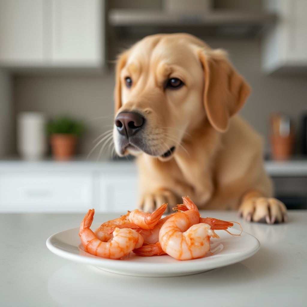 A Golden Retriever curiously sniffing a cooked, peeled shrimp on a white plate in a clean kitchen