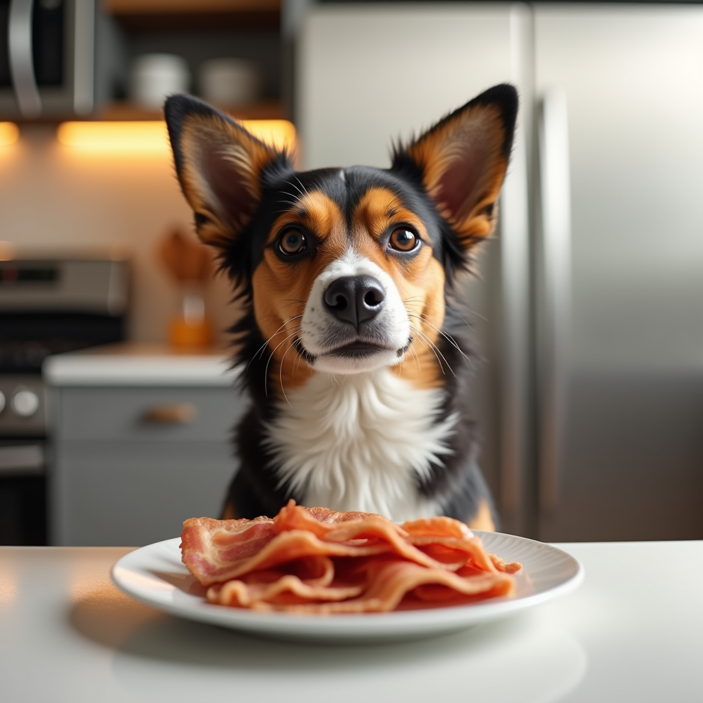 A curious dog looking at a plate of bacon on a kitchen counter