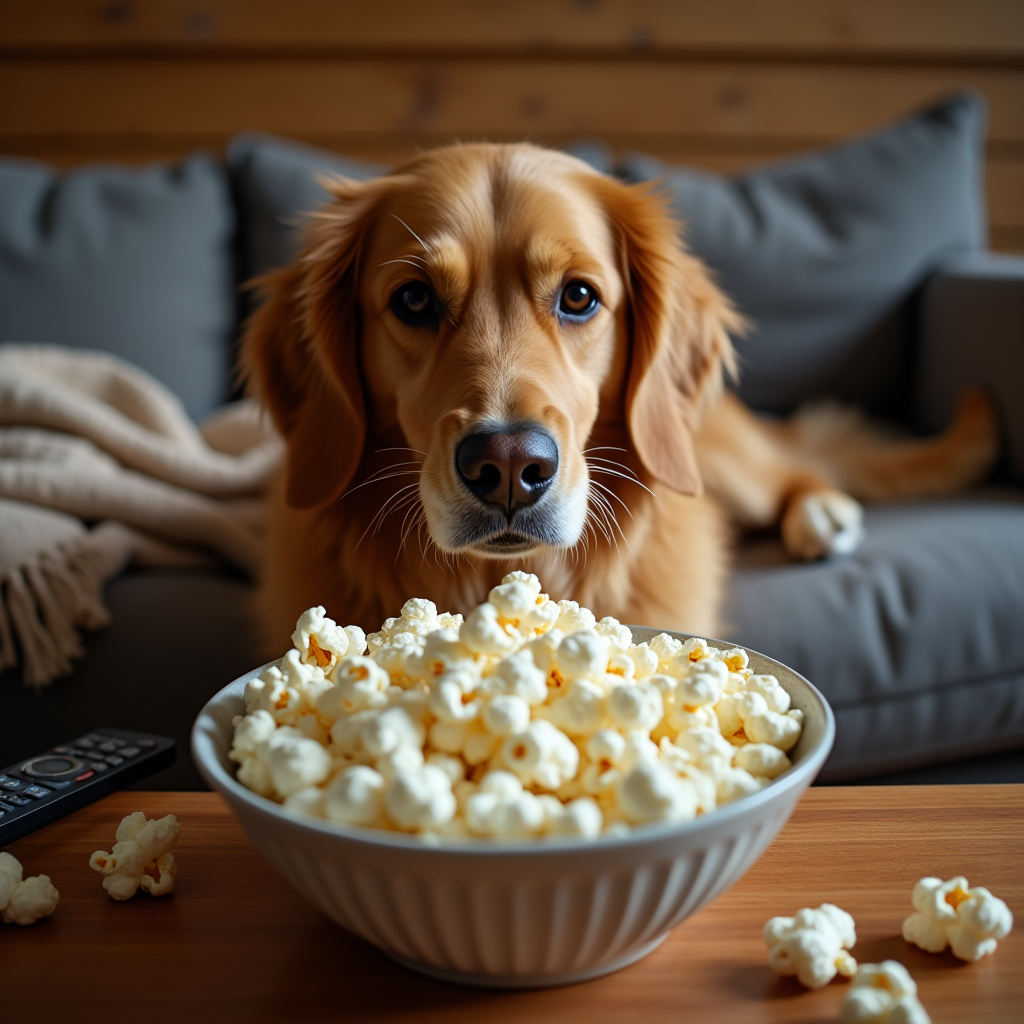 Golden retriever looking at a bowl of plain popcorn on a coffee table.