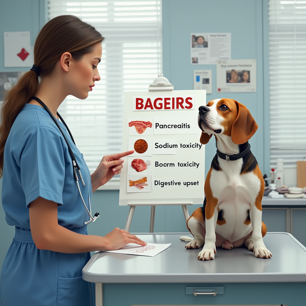 A veterinarian explaining the health risks of bacon to a beagle