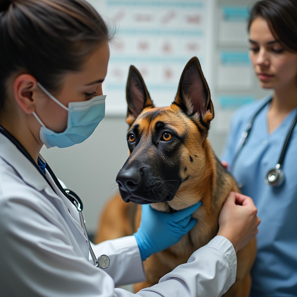 A veterinarian examining a dog while discussing autism-like behaviors with the owner