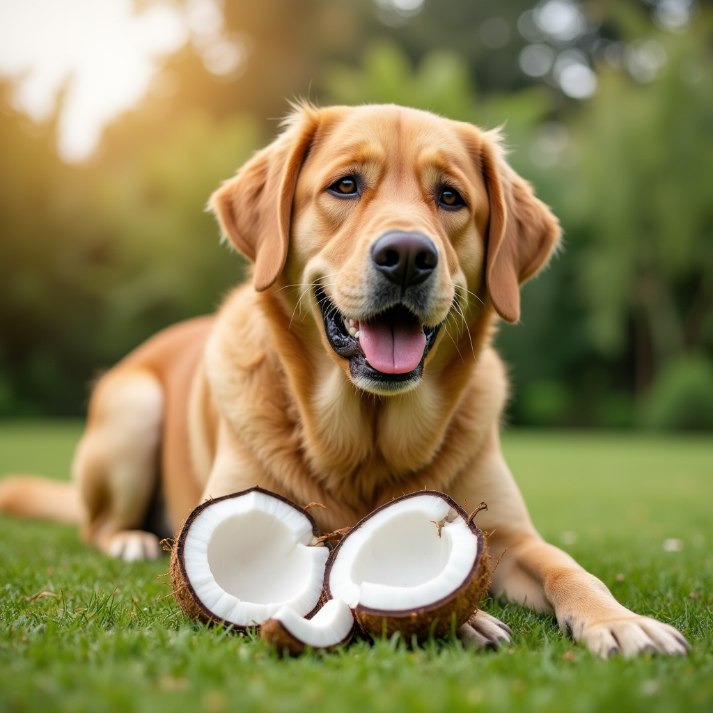 Healthy dog with a shiny coat lying near a fresh coconut on a grassy lawn