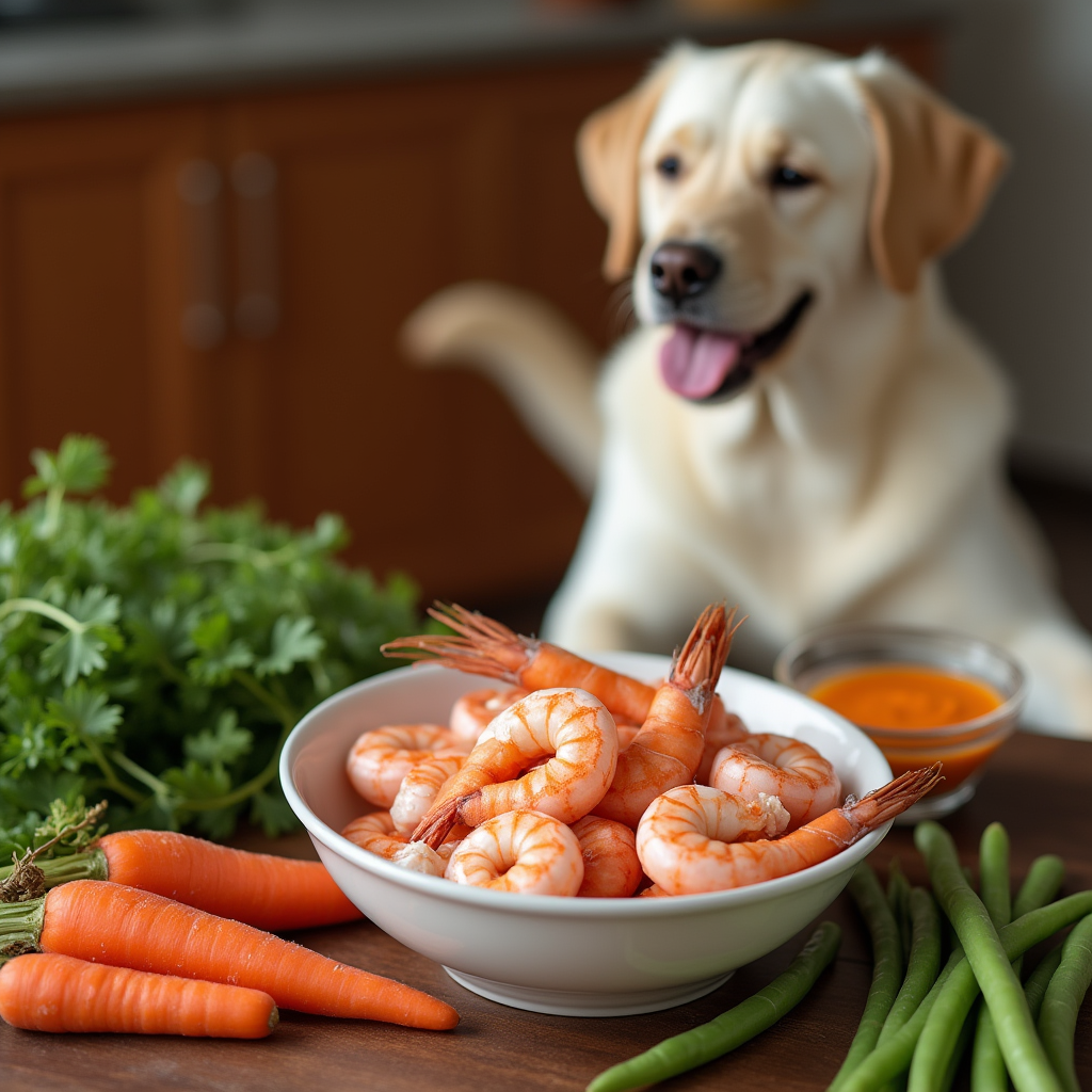 Cooked, peeled shrimp in a bowl with a Labrador sitting beside it