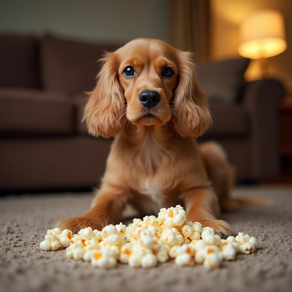 A Cocker Spaniel next to spilled buttered popcorn