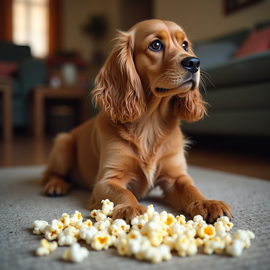 A Golden Retriever receiving plain popcorn from a pet owner.