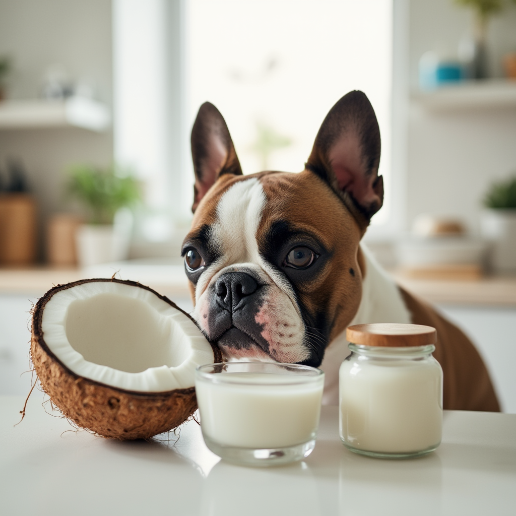 Dog sniffing different coconut products: fresh coconut, coconut oil, and coconut water