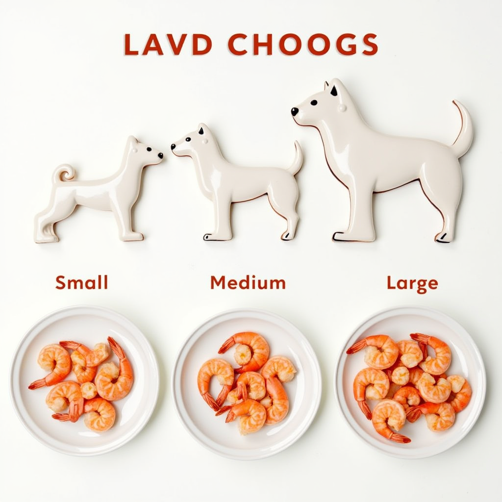 Portioned cooked shrimp for small, medium, and large dogs on labeled plates