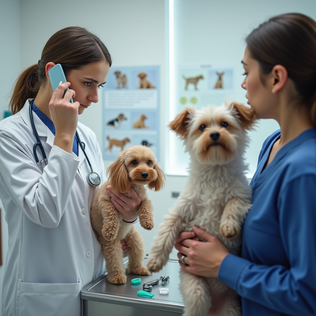 A veterinarian on the phone while a concerned owner holds a sick poodle