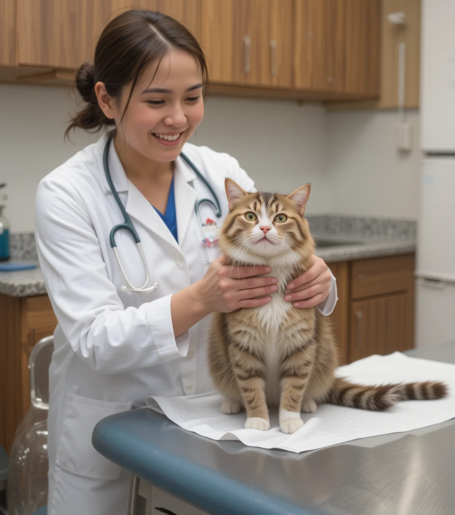 Veterinarian holding a calm cat during a spaying consultation