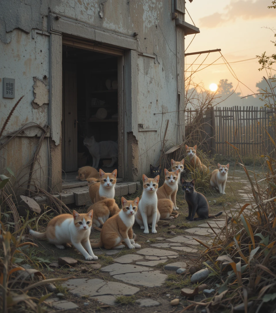 Feral cats resting near an abandoned building at sunset