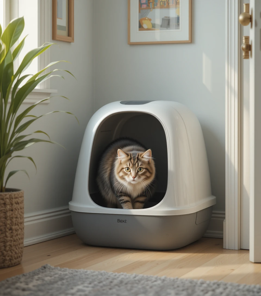 Happy cat exploring a clean and private litter box in a cozy home corner