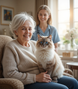 Therapy cat comforting an elderly woman in a cozy nursing home