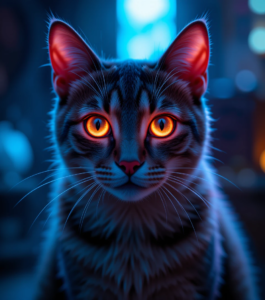 Close-up of a cat with glowing eyes in a dimly lit room