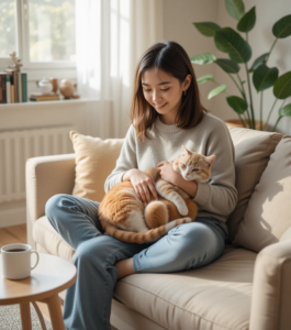 A person relaxing on a couch while lovingly petting a content cat in a cozy home setting.